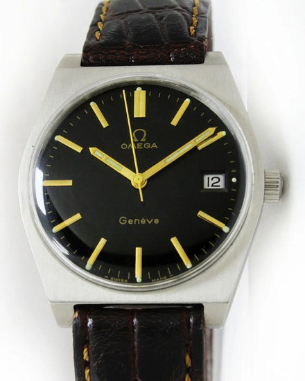 Omega Geneve Vintage 34MM Aftermarket Black Dial Aftermarket Leather Strap (136.0050)