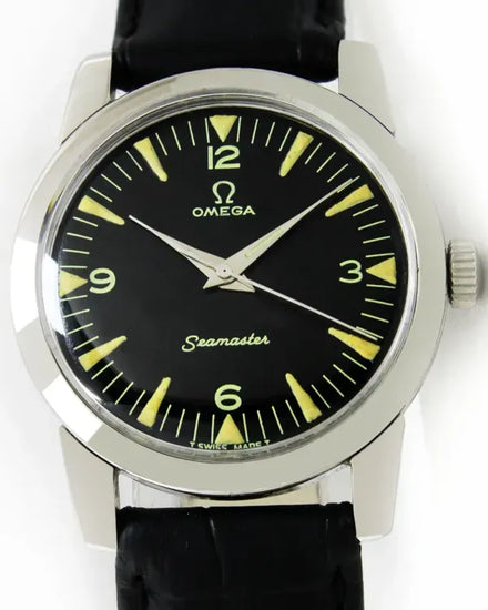 Omega Seamaster Vintage 34MM Aftermarket Black Dial Aftermarket Leather Strap (2759-2)