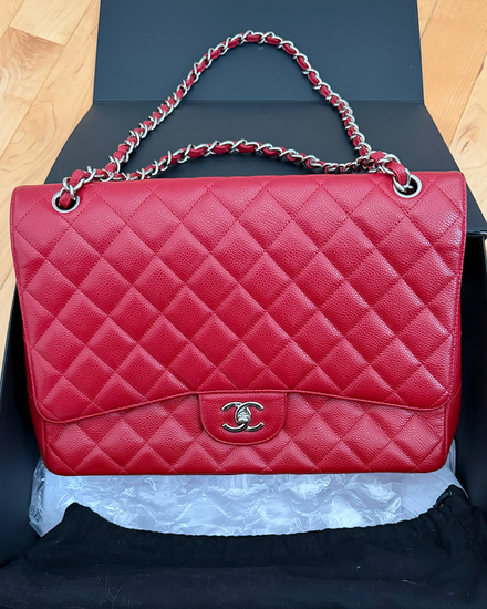 Chanel Accessories Caviar Maxi Classic Red Quilted Double Flap 8.66 x 12.99IN Silver Hardware Leather Material (13263639)