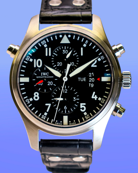 IWC Schaffhausen Pilot Double Chronograph 46MM Black Dial Leather Strap (IW377801)