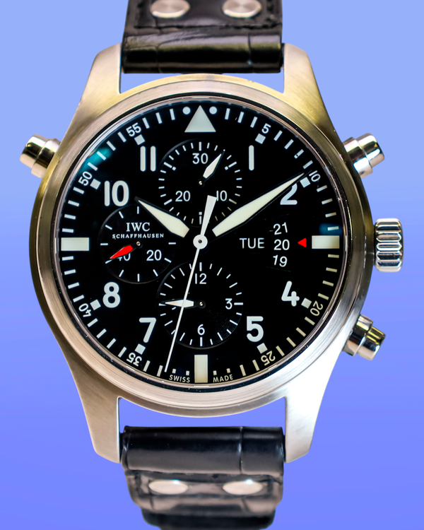 IWC Schaffhausen Pilot Double Chronograph 46MM Black Dial Leather Strap (IW377801)