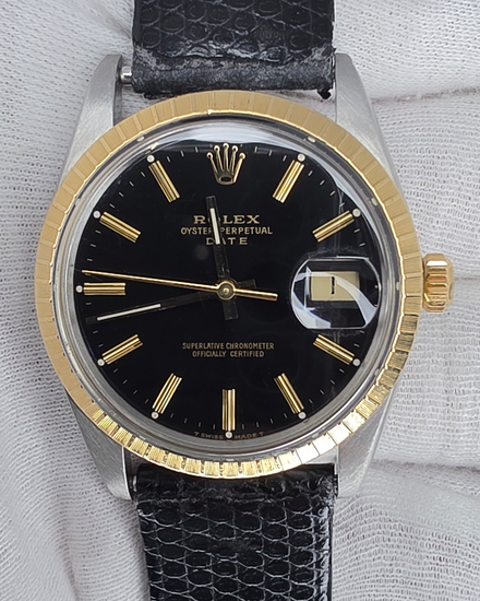 Rolex Oyster Perpetual Date 34MM Black Dial Leather Strap (15053)