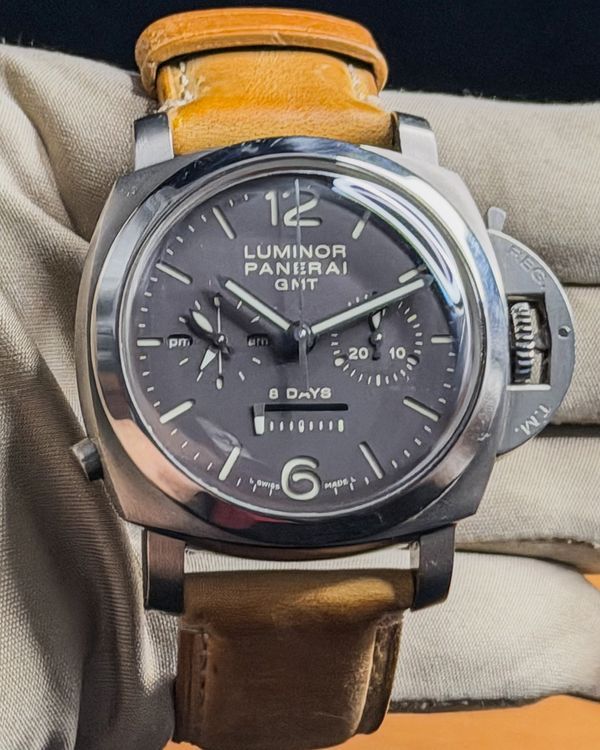2011 Panerai Luminor 1950 8 Days Chrono Monopulsante GMT L.E. 44MM Brown Dial Leather Strap (PAM00311)