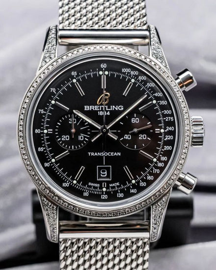 Rare Breitling Transocean Chronograph 38MM Black Dial Steel Bracelet (A41310)