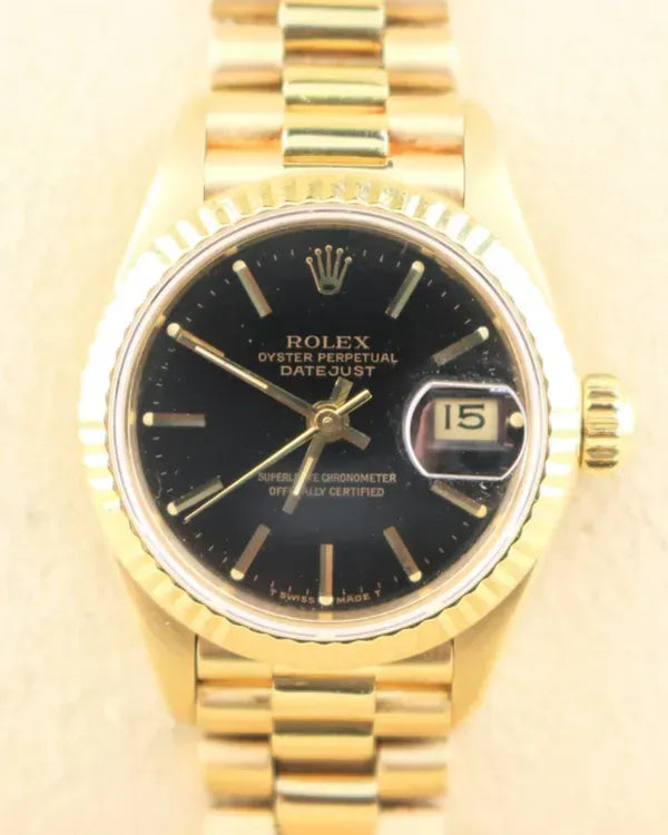 1986 (9.2 Mil Serial) Rolex Lady-Datejust 26MM Black Dial Yellow Gold President Bracelet (69178)