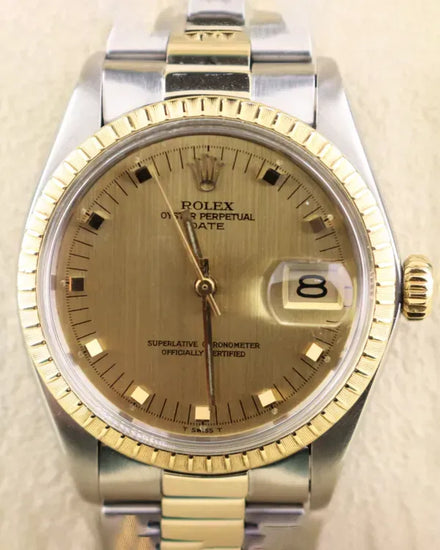 1974 (3.6 Mil Serial) Rolex Oyster Perpetual Date 34MM Champagne "Striped" Dial Two-Tone Oyster Bracelet (1505)