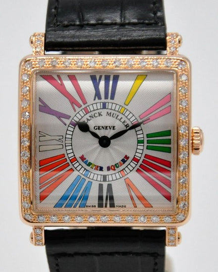 Franck Muller Master Square "Color Dreams" 33MM Quartz Silver Dial Leather Strap (6002 M QZ COL DRM R D 1R)