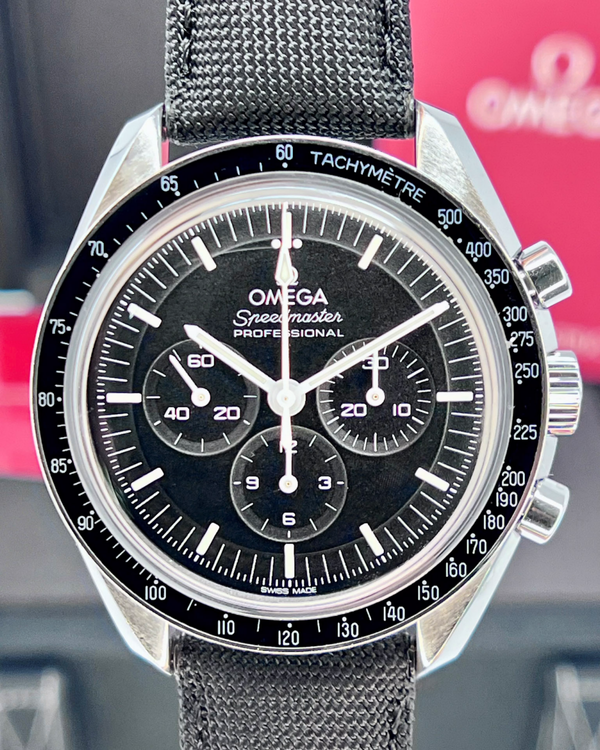 No Reserve - 2022 Omega Speedmaster Professional Moonwatch 42MM Black Dial Textile Strap (310.32.42.50.01.001)