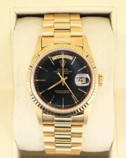 1991 (N Serial) Rolex Day-Date 36MM Black Dial Yellow Gold President Bracelet (18238)