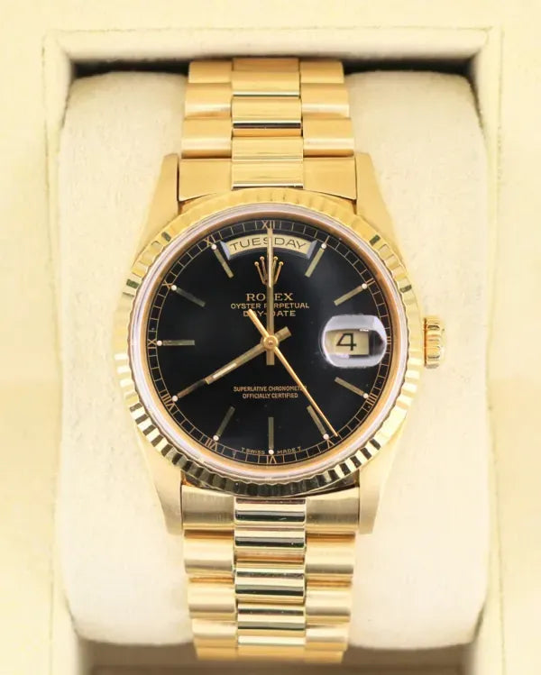 1991 (N Serial) Rolex Day-Date 36MM Black Dial Yellow Gold President Bracelet (18238)