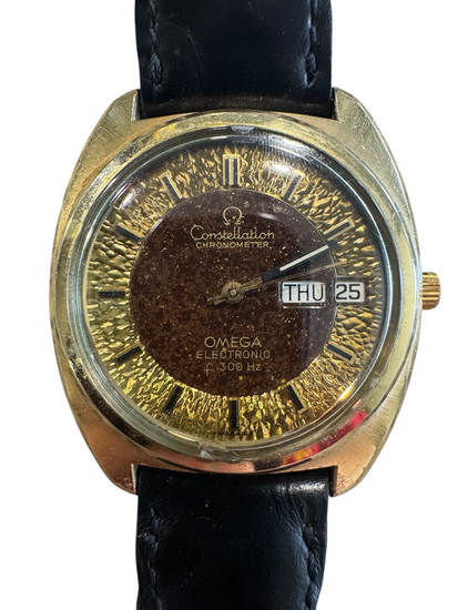 Omega Constellation Electronic F300Hz 38MM Quartz Champagne/Brown "Hammered" Dial Leather Strap (198.0034—f300)