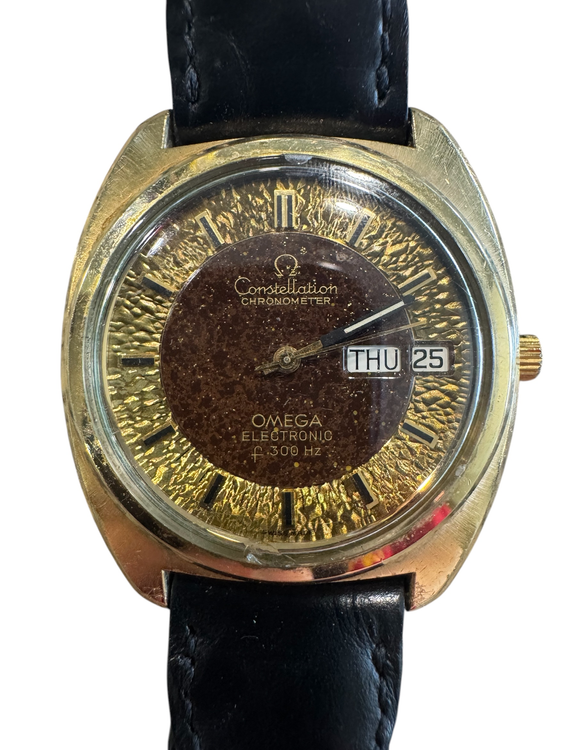 Omega Constellation Electronic F300Hz 38MM Tuning Fork Champagne/Brown "Hammered" Dial Leather Strap (198.0034—f300)