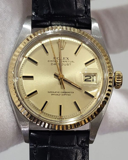 No Reserve - 1971 (2.8 Mill Serial) Rolex Datejust 36MM Champagne Dial Aftermarket Leather Strap (1601)