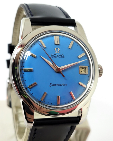 1966 Omega Seamaster 34.5MM Aftermarket Blue Dial Aftermarket Leather Strap (166.009)