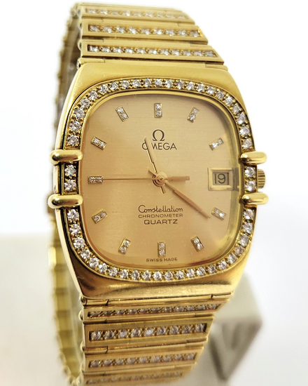 Rare Omega Constellation Chronometer 32MM Quartz Champagne Dial Yellow Gold Bracelet (498.0019)