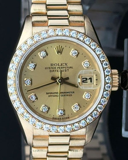1991 Rolex Lady-Datejust 26MM Champagne "Diamond-Set" Dial Yellow Gold President Bracelet (69178)