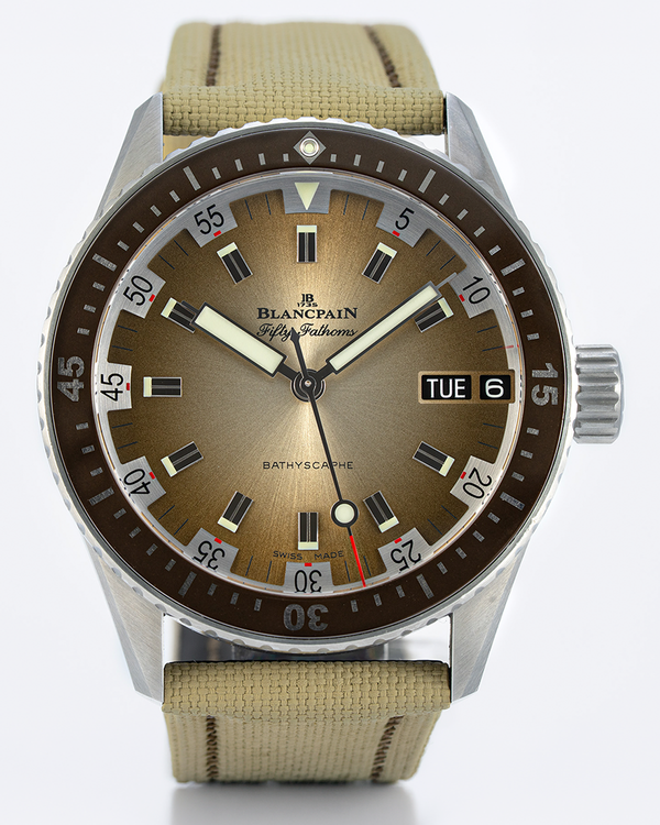 2021 Blancpain Fifty Fathoms Bathyscaphe Day Date "Desert Edition" L.E. 43MM Brown Dial Textile Strap (5052-1146-E52A)