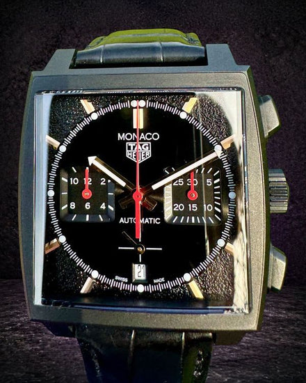 2023 Tag Heuer Monaco Chronograph "Dark Lord" S.E. 39MM Black Dial Leather Strap (CBL2180.FC6497)