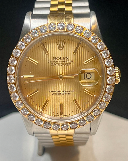 No Reserve - 1991 Rolex Datejust 36MM Champagne "Tapestry" Dial Aftermarket Two-Tone Bracelet (16233)