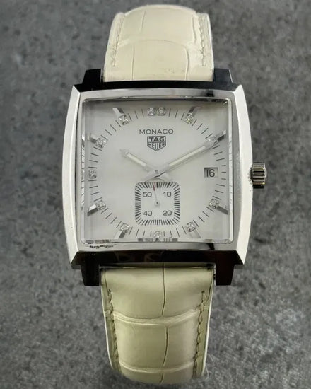 Tag Heuer Monaco 37MM Quartz Mother of Pearl Dial Leather Strap (WAW131B)