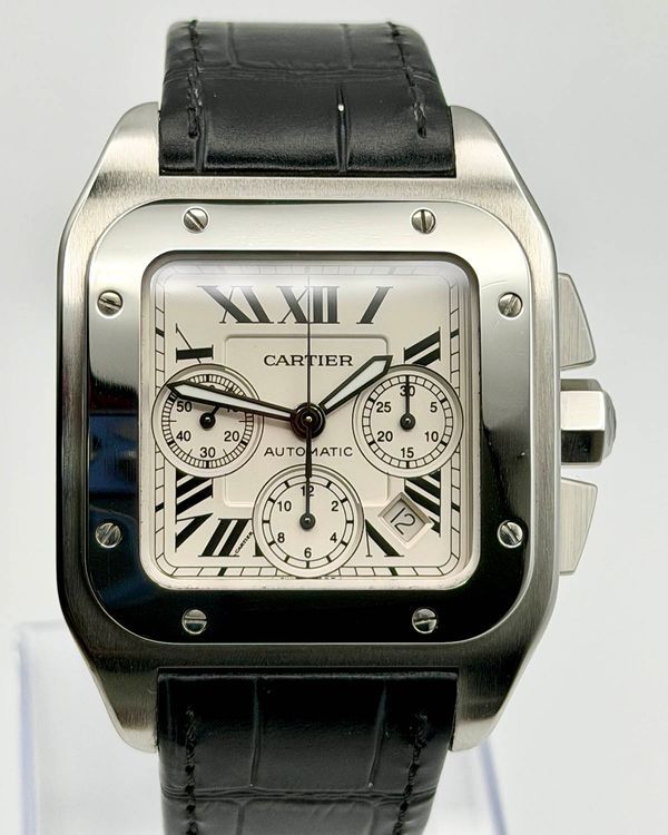 2014 Cartier Santos 100 XL Chronograph 42MM Silver Dial Leather Strap (W20090X8)