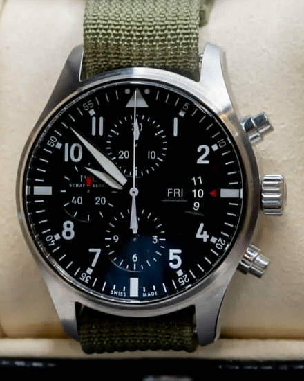 No Reserve - 2016 IWC Schaffhausen Pilot Chronograph 43MM Black Dial Aftermarket Textile Strap (IW377701)