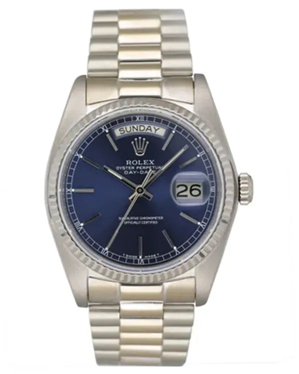 1982 Rolex Day-Date 36MM Blue Dial White Gold President Bracelet (18039)