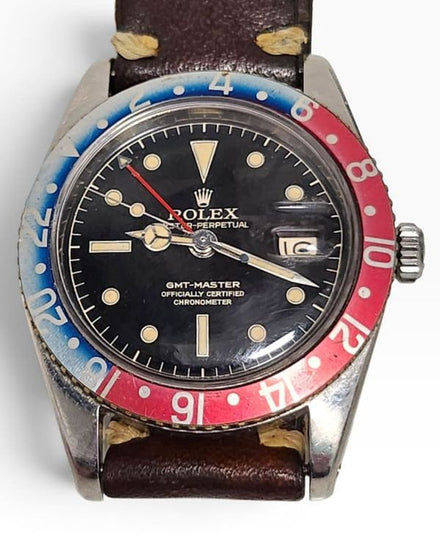 Rolex GMT-Master "Pepsi" 38MM Black Dial Aftermarket Leather Strap (6542)