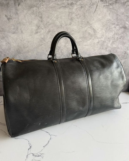 No Reserve - Louis Vuitton Keepall Epi Travel Bag 11.81 x 20.47 x 9.05IN Steel Hardware Leather Strap (Black Leather Epi)