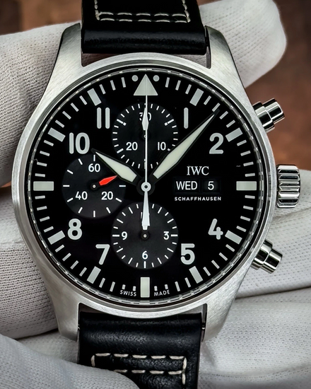 No Reserve - 2019 IWC Schaffhausen Pilot Chronograph 43MM Black Dial Leather Strap (IW377709)