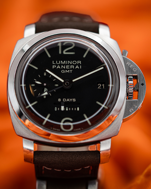 2008 Panerai Luminor 1950 8 Days GMT 44MM Black Dial Leather Strap (PAM00233)