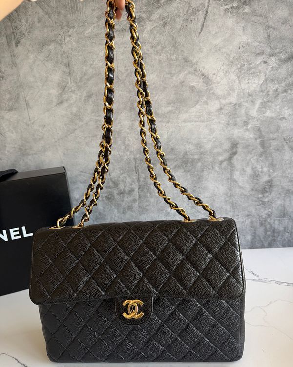 2003 Chanel Accessories Caviar Jumbo Single Flap Black 11.75 x 8 x 3.75IN Gold Hardware Leather/Gold Strap (Caviar Jumbo Single Flap Black)