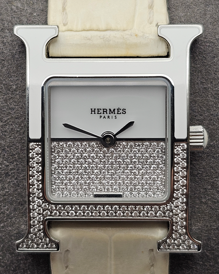 Hermès Heure H 21MM Quartz Diamond Pavé Dial Leather Strap (HH1.234)
