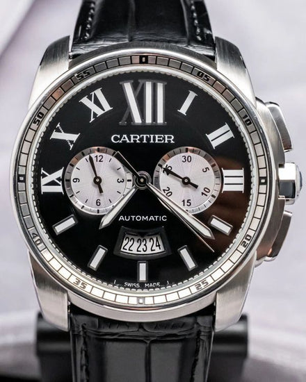 2016 Cartier Calibre de Cartier Chronograph 42MM Black Dial Leather Strap (W7100060)