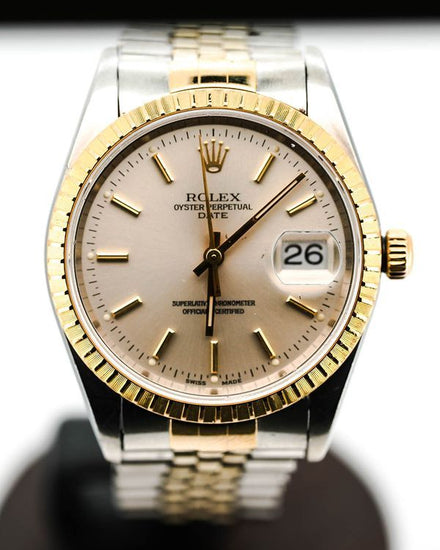 No Reserve - 2002 Rolex Oyster Perpetual Date 34MM Champagne Dial Two-Tone Jubilee Bracelet (15223)