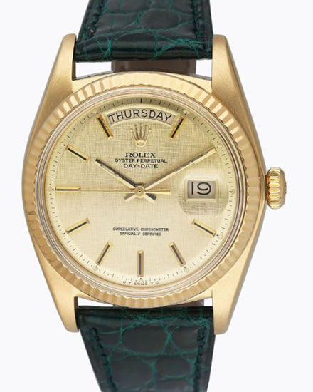 1973 Rolex Day-Date 36MM Champagne "Linen" Dial Aftermarket Leather Strap (1803)