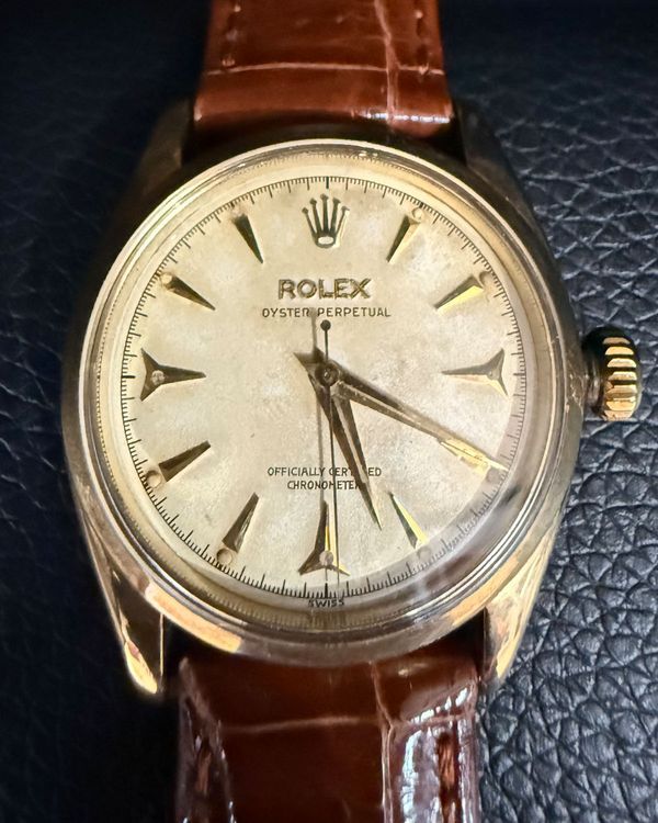 Rolex Oyster Perpetual 34MM Silver "Tropical" Dial Aftermarket Leather Strap (6584)