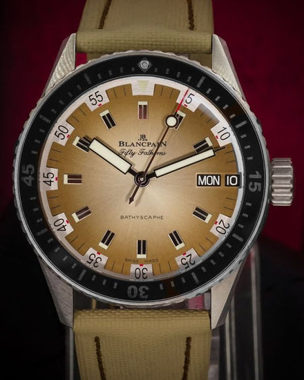 2021 Blancpain Fifty Fathoms Bathyscaphe Day Date "Desert Edition" L. E. 43MM Sand Dial Textile Strap (5052-1146-E52A)