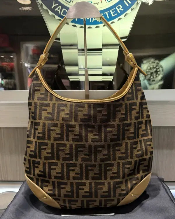 Fendi Hobo 12.5 x 10.5 x 2IN Tobacco Zucca Canvas Leather Gold-Tone Hardware Leather Strap (Borsa Hobo 8BR235)