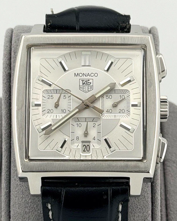 Tag Heuer Monaco 38MM Silver Dial Aftermarket Leather Strap (CW2112)