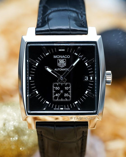 No Reserve - 2013 Tag Heuer Monaco Calibre 6 37MM Black Dial Leather Strap (WW2110.FC6177)