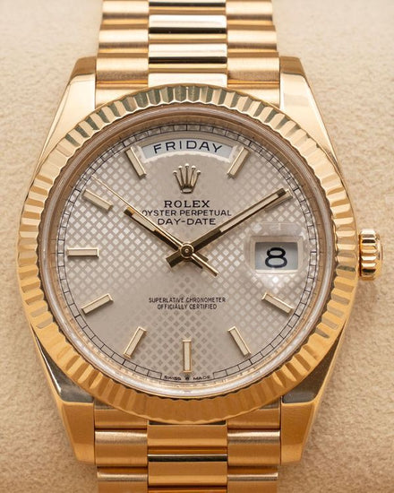 2021 Rolex Day-Date 40MM Silver "Diagonal Motif" Dial Yellow Gold President Bracelet (228238)