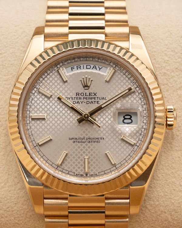 2021 Rolex Day-Date 40MM Silver "Diagonal Motif" Dial Yellow Gold President Bracelet (228238)