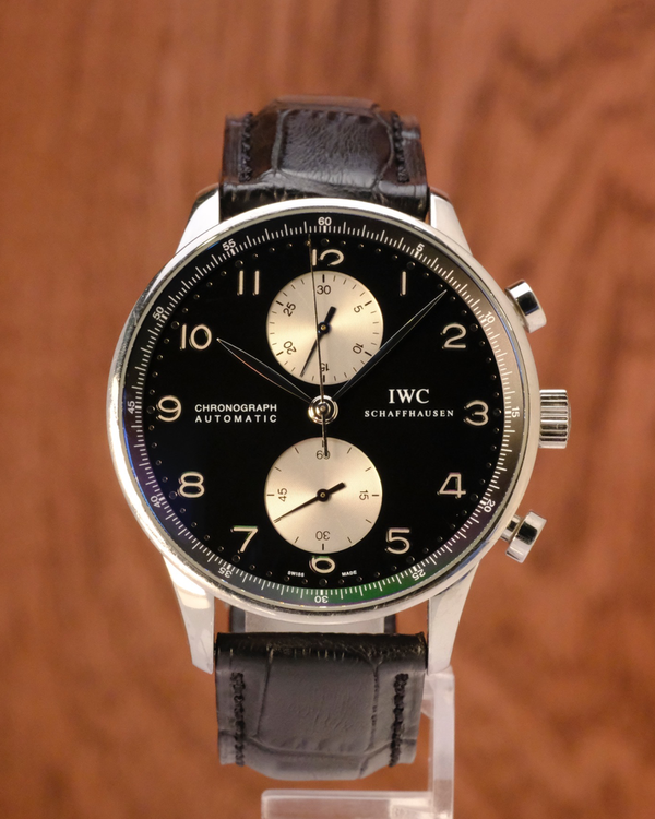 No Reserve - 2007 IWC Schaffhausen Portugieser Chronograph 41MM Black Dial Leather Strap (IW371404)