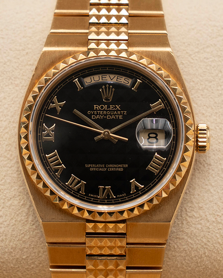 Rolex Day-Date Oysterquartz 36MM Quartz Black Dial Yellow Gold "Pyramid" Bracelet (19028)