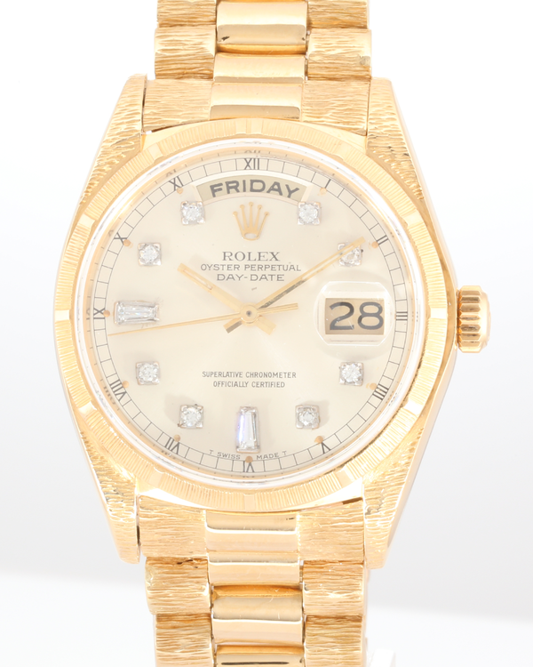 1981 Rolex Day-Date 36MM Aftermarket Champagne Dial Aftermarket Yellow Gold "Bark" President Bracelet (18038)