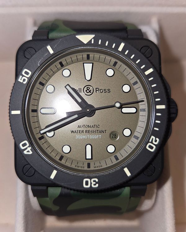 Bell & Ross BR 03-92 Diver "Military" 42MM Khaki Dial Aftermarket Rubber Strap (BR03-92-D-KA-CE/SRB)
