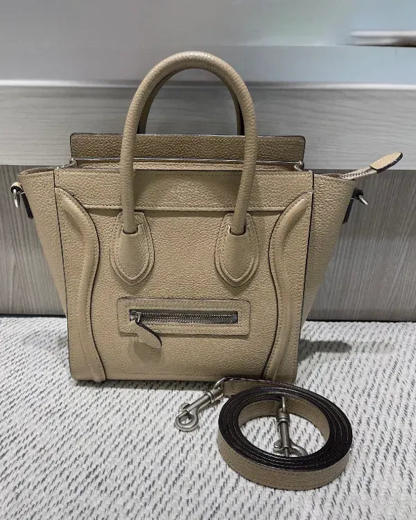 Celine Drummed Calfskin Nano Luggage Mini Tote 8 x 7.5 x 4IN Leather Silver-Tone Hardware Leather Strap (189243DRU)
