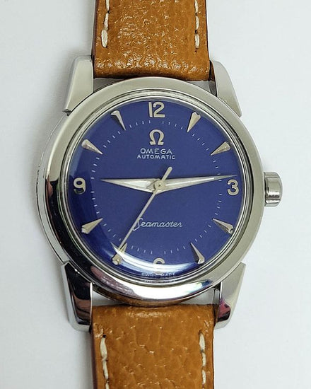 1958 Omega Seamaster 32MM Aftermarket Blue Dial Aftermarket Leather Strap (2828)