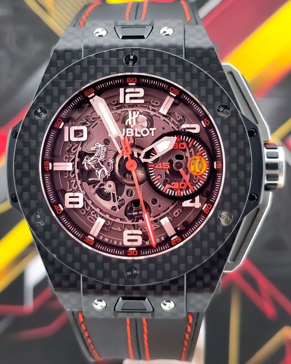 2013 Hublot Big Bang Ferrari Red Magic Carbon L. E. 45MM Skeleton Dial Leather Strap (401.QX.0123.VR)